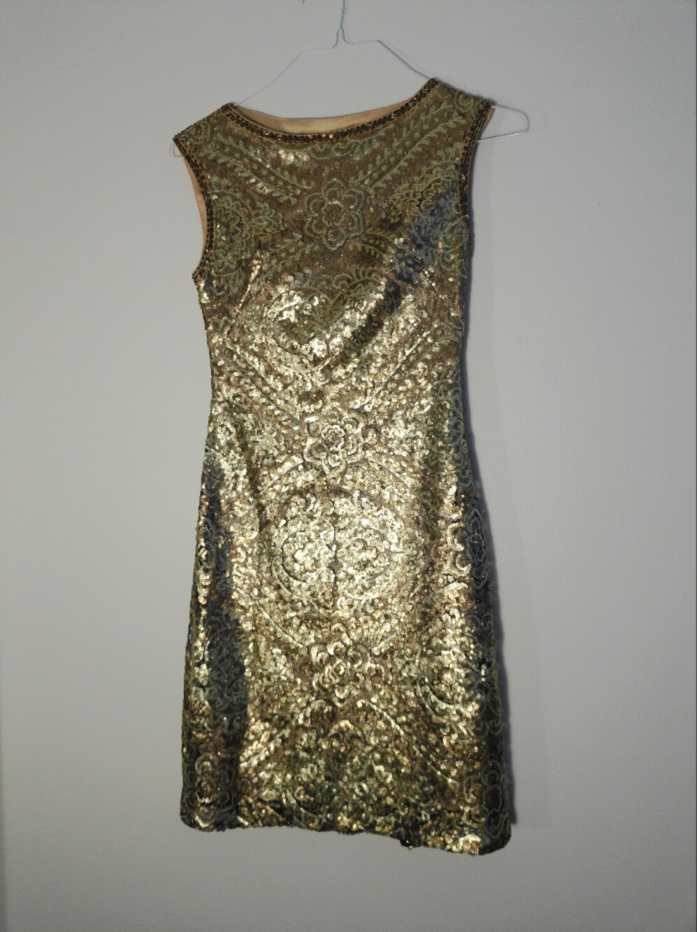 Sue Wong Metallic Gold Sequin Midi Dress